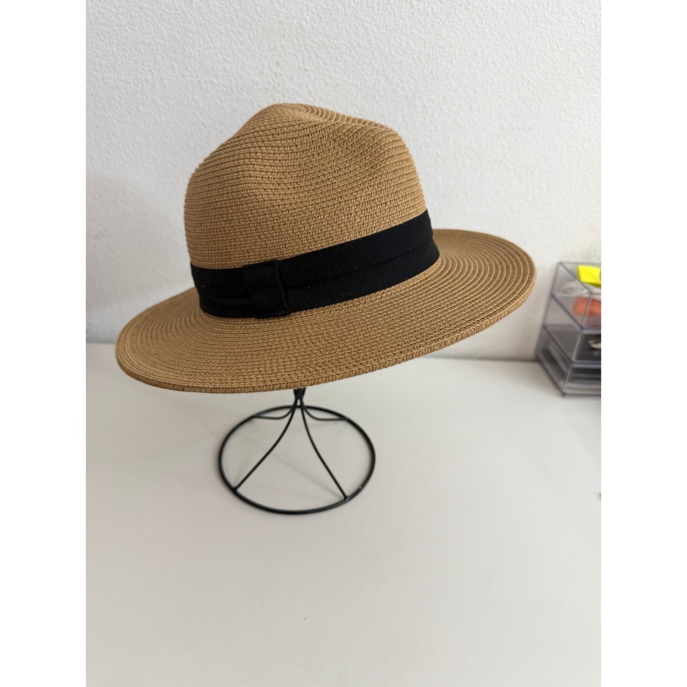 Solar Escape Tan Straw Fedora Sun Hat Black Ribbon Band Adjustable One Size